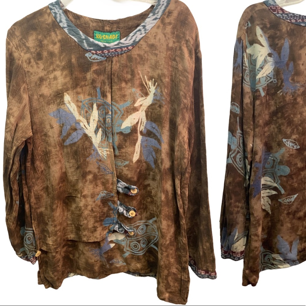 KUSNADI NY Boho Artisan Brown Multi Blouse Top L